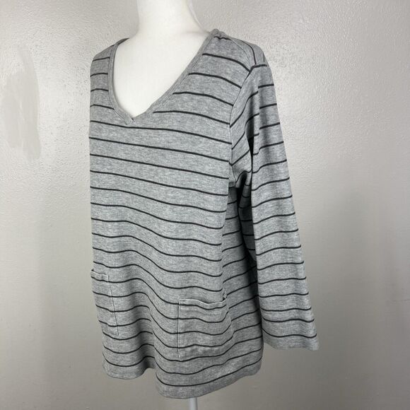 J Jill Sweater Women Extra Large Grey Striped Knit V-Neck Pullover Front Pockets - Picture 2 of 13